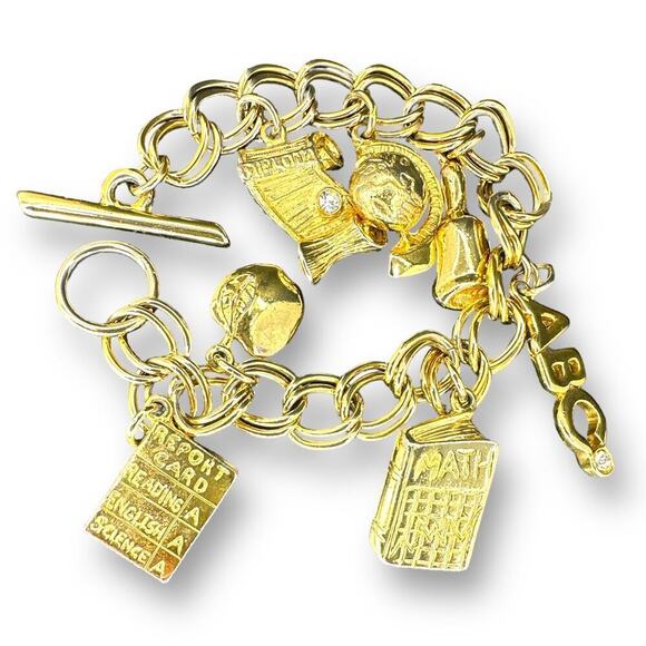 Scholastic Charm Bracelet Double Chain Toggle Clasp over Gold Tone - Picture 5 of 8
